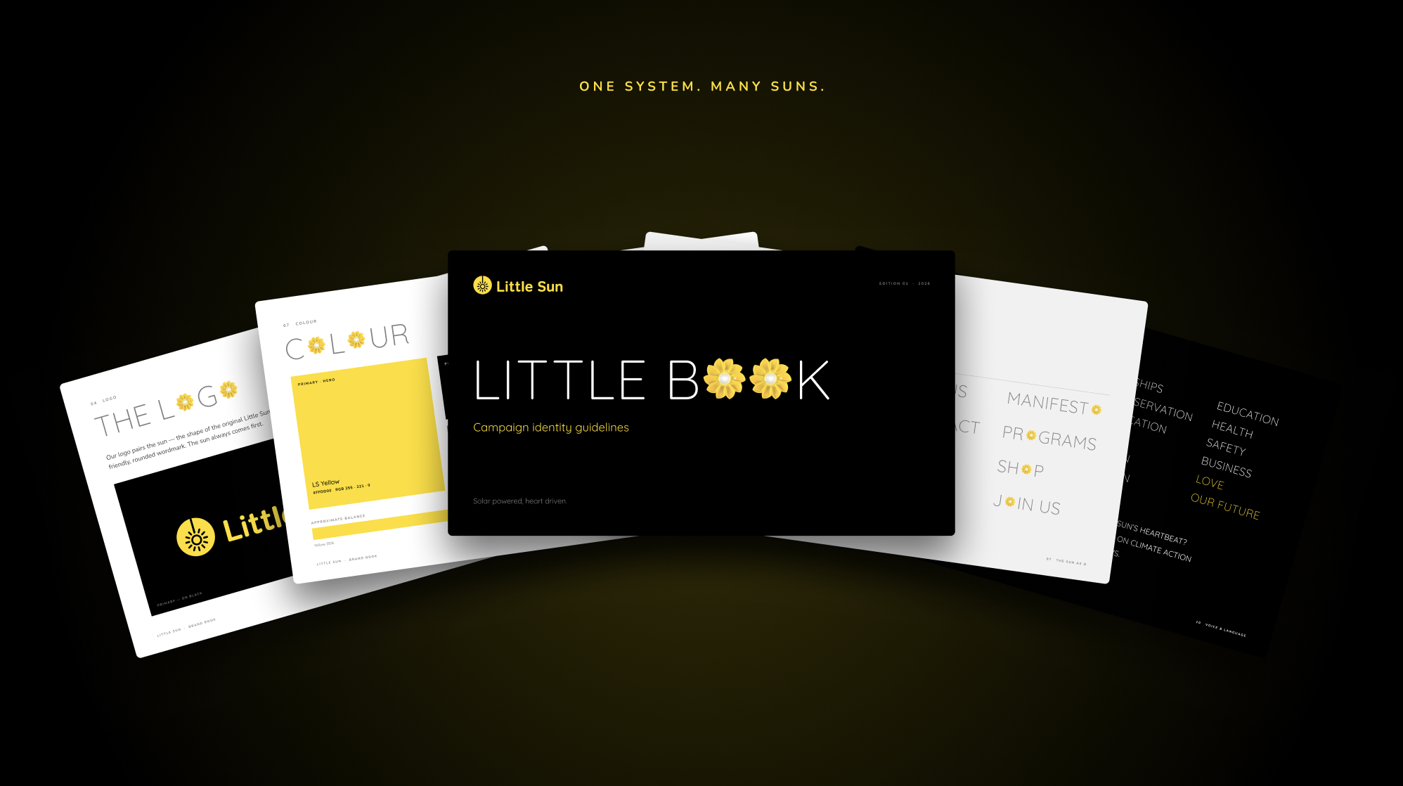 Little Sun brand book spreads — one system, many suns