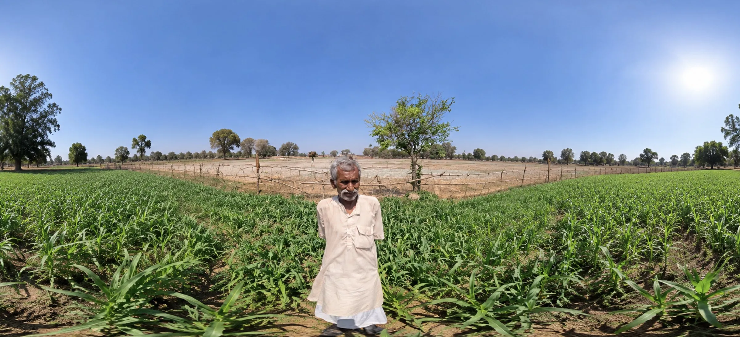 A farmer stands in his green field under a wide blue sky