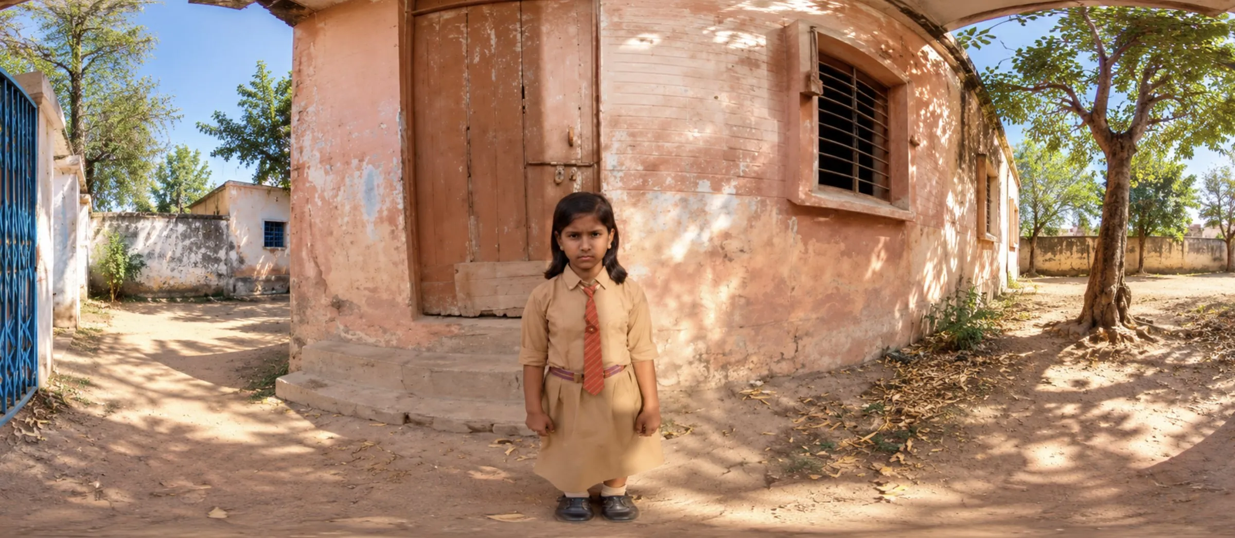 A schoolgirl in uniform stands outside her pink school building