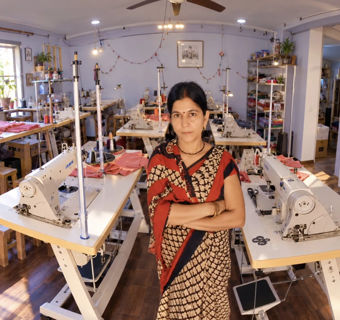 A workshop owner stands with arms crossed among the sewing machines of her garment workshop